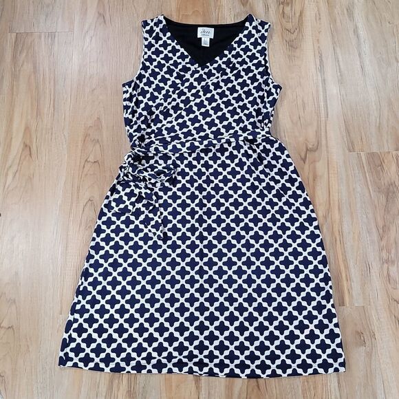 🔹️JM Collection Blue & White Print Faux Wrap Sleeveless Belted Dress Size 14